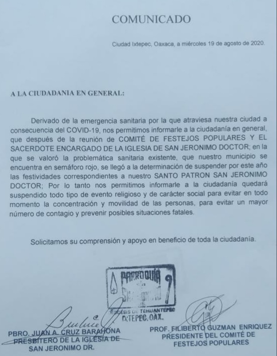 Se suspenden fiestas patronales en Ixtepec