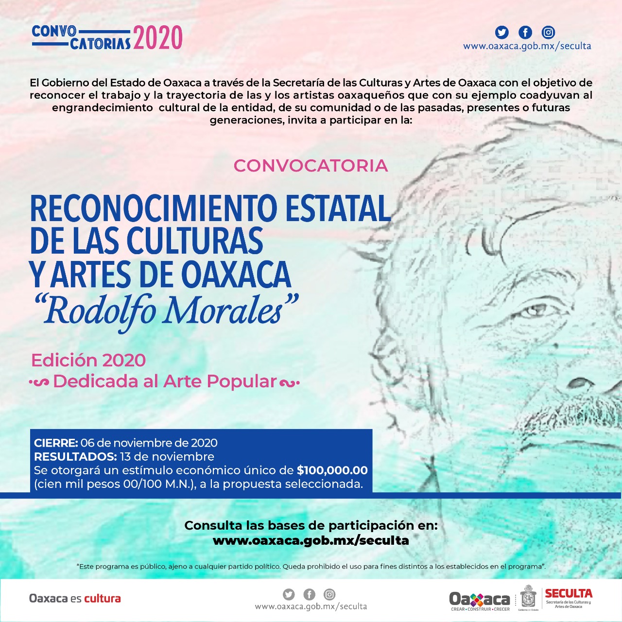 Presenta Seculta Convocatoria del Reconocimiento  Estatal de las Culturas y Artes de Oaxaca “Rodolfo Morales”