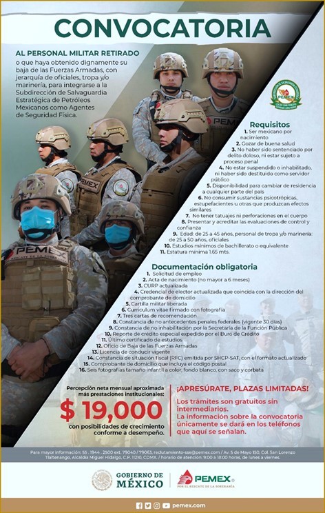 Invita Pemex a militares en retiro a incorporarse a la Subdirección de Salvaguardia Estratégica