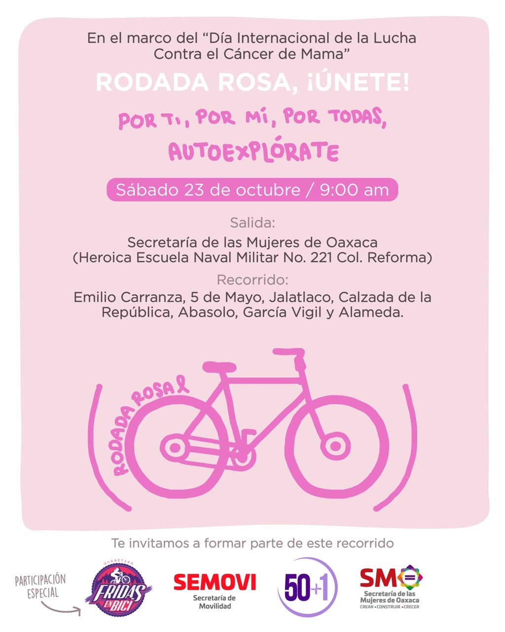 Se suma SMO a iniciativa de 50+1 en rodada rosa y llama al autocuidado en la lucha contra el cáncer de mama