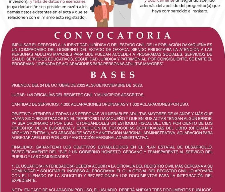 Continúa Registro Civil Jornada de Aclaración de Acta de Nacimiento gratuitas para personas mayores de 65 años